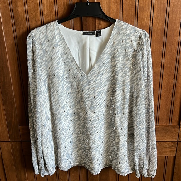 Halogen Metallic Print Long Sleeve V-Neck Blouse, Grey/Cream/Beige/Silver, Sz L - Picture 1 of 10